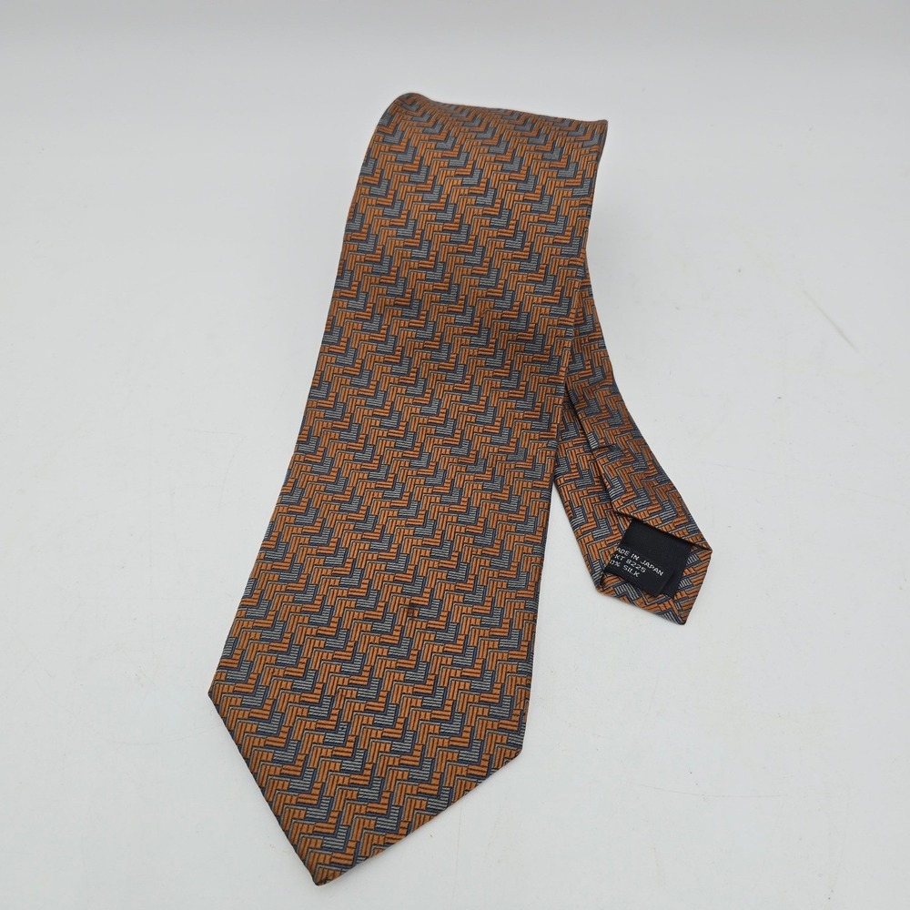 Mens J Hane Barnes Orange Gray‎ Geometric 100% Silk Tie Made in Japan